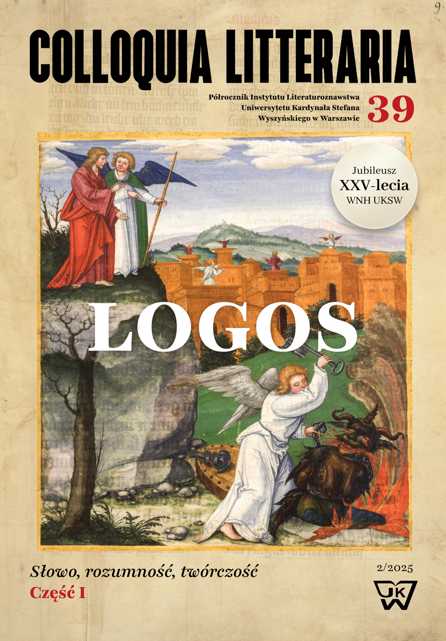 Kolorowa iluminacja w stylu średniowiecznym, a konkretnie jest to rycina z Biblii Ottheinricha z lat 1530-1532, wykonana przez Matthiasa Gerunga. W lewym górnym rogu stoją dwie postacie w szatach na skale. W tle widać miasto. Pośrodku krajobrazu znajduje się duży, biały napis kapitalikami: „LOGOS”. W dolnej części ilustracji, po prawej stronie, anioł w białej szacie klęczy i walczy z ciemną, rogatą bestią, trzymając w ręce klucz.
