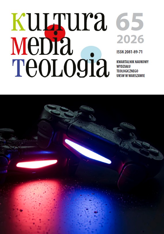 Okładka czasopisma „Kultura – Media – Teologia” (nr 65, 2026), zawierająca tytuł oraz informacje wydawnicze (ISSN, kwartalnik Wydziału Teologicznego UKSW w Warszawie). W dolnej części widoczne są dwa kontrolery do gier wideo oświetlone czerwonym i niebieskim światłem, umieszczone na ciemnym tle, co nawiązuje do tematyki gier cyfrowych.