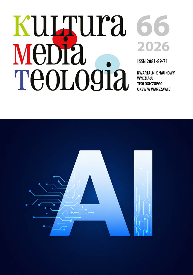 Okładka 66. numeru czasopisma „Kultura – Media – Teologia” poświęconego sztucznej inteligencji. Przedstawia tytuł czasopisma oraz dużą grafikę z literami „AI” stylizowanymi na elementy układu elektronicznego, nawiązującą do technologii cyfrowych i sztucznej inteligencji.